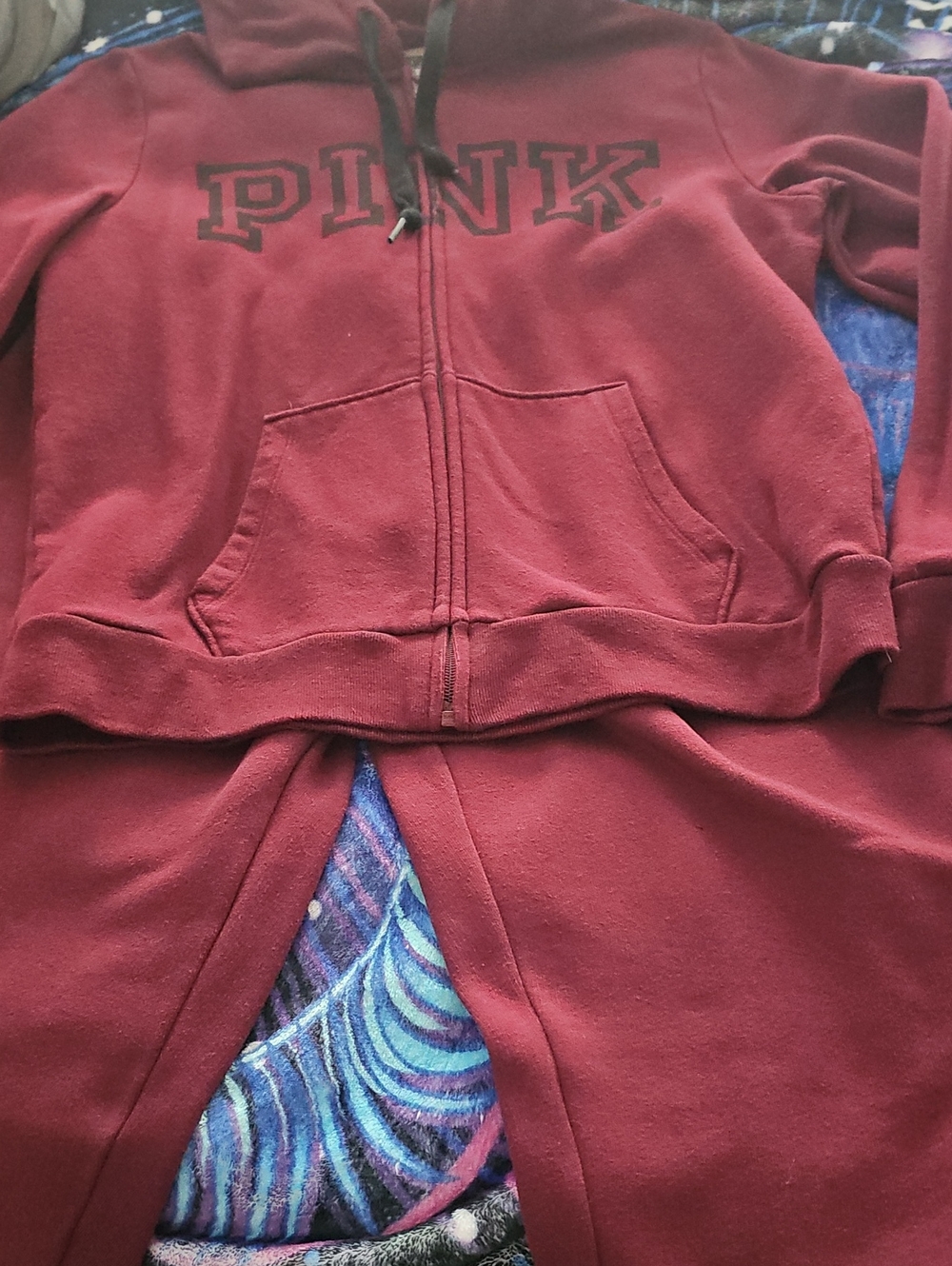 PINK Victoria's Secret Maroon Zip Hoodie and Joggers Set